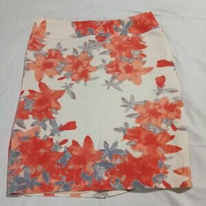 Halogen 8 Coral/Grey Tropical Floral on Cream Fully-Lined Mini-Skirt Kick-Pleat